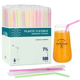 ALINK 500 Count Neon Plastic Flexible Drinking Straws, Individually Wrapped Plastic Disposable Bendy Party Straws - 7.75 x 0.23