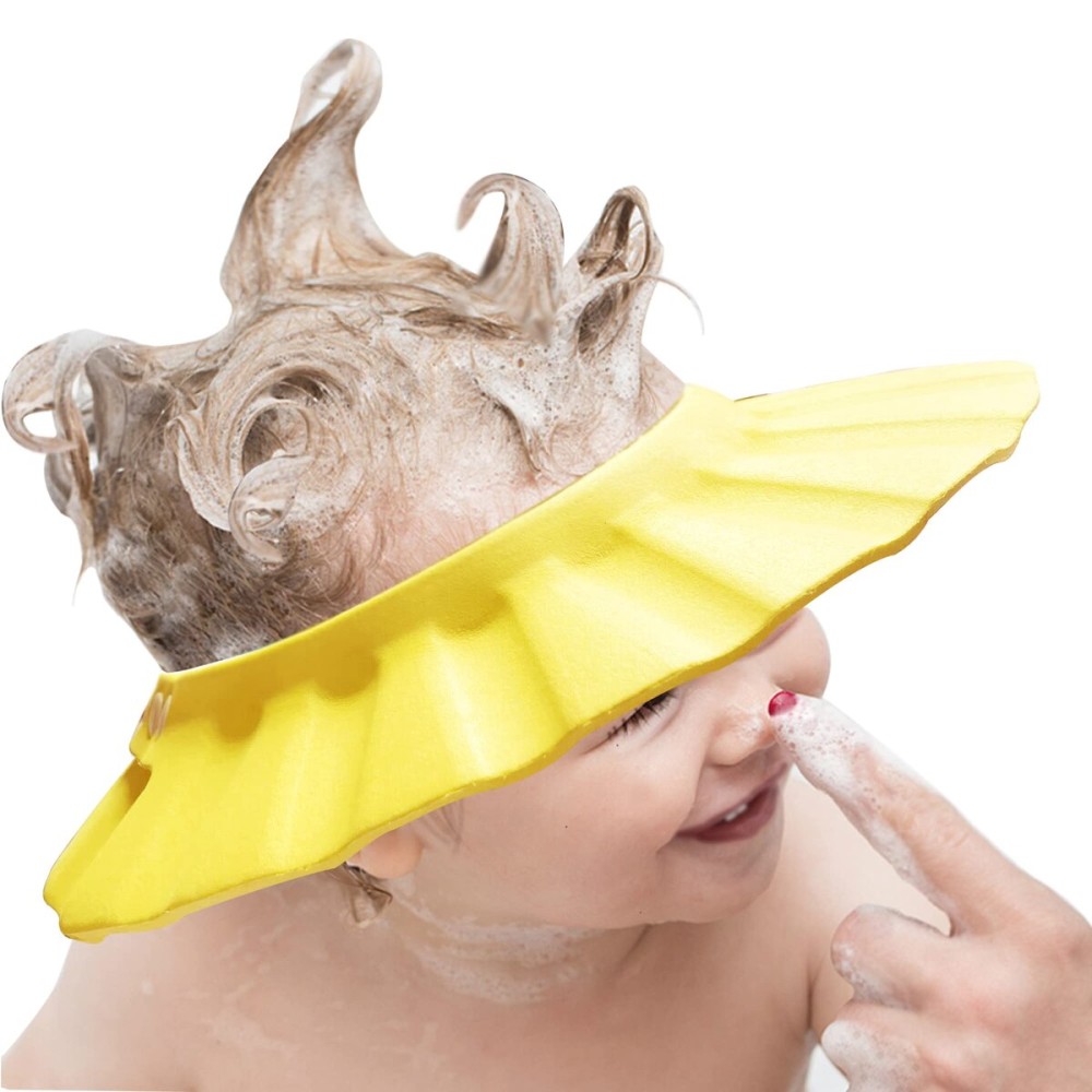 Soft Adjustable Baby Shower Cap - Head Visor for Washing Hair, Bathing Protection - Toddler, Kids, Children Bath Cap (Yellow)