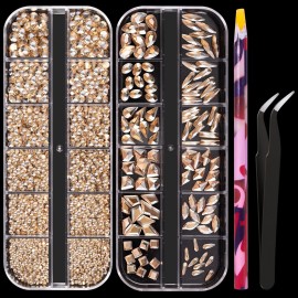 Multi Shapes Champagne 3D Glass Crystal Nail Art Rhinestones Kit with Flatback Round Bead Charm Gem Stone Jewelry Diamond with Pickup Pen + Tweezer for Manicure Makeup DIY Craft Decoration