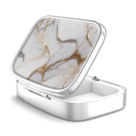 Pill Box 2 Compartment Small Pill Case,Portable for Pocket or Purse Pill Organizer Pill Container Holder to Hold Vitamins, Medication, Fish Oil and Supplements(Gray Marbling Gold)