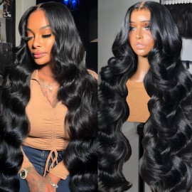 Hedy Wear and Go Glueless Wigs Human Hair Pre Plucked Pre Cut 180 Density 10A Body Wave HD Transparent Lace Front Wigs Human Hair with Natural Hairline Natural Color 28 Inch