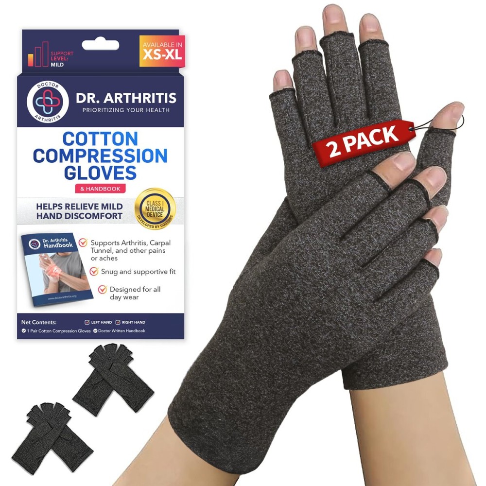 Doctor Developed Gloves For Arthritis Hands For Women & Men,Arthritis Gloves Without Fingertips Carpal Tunnel Compression Gloves With Dr Written Handbook, 2 Pairs (XS)