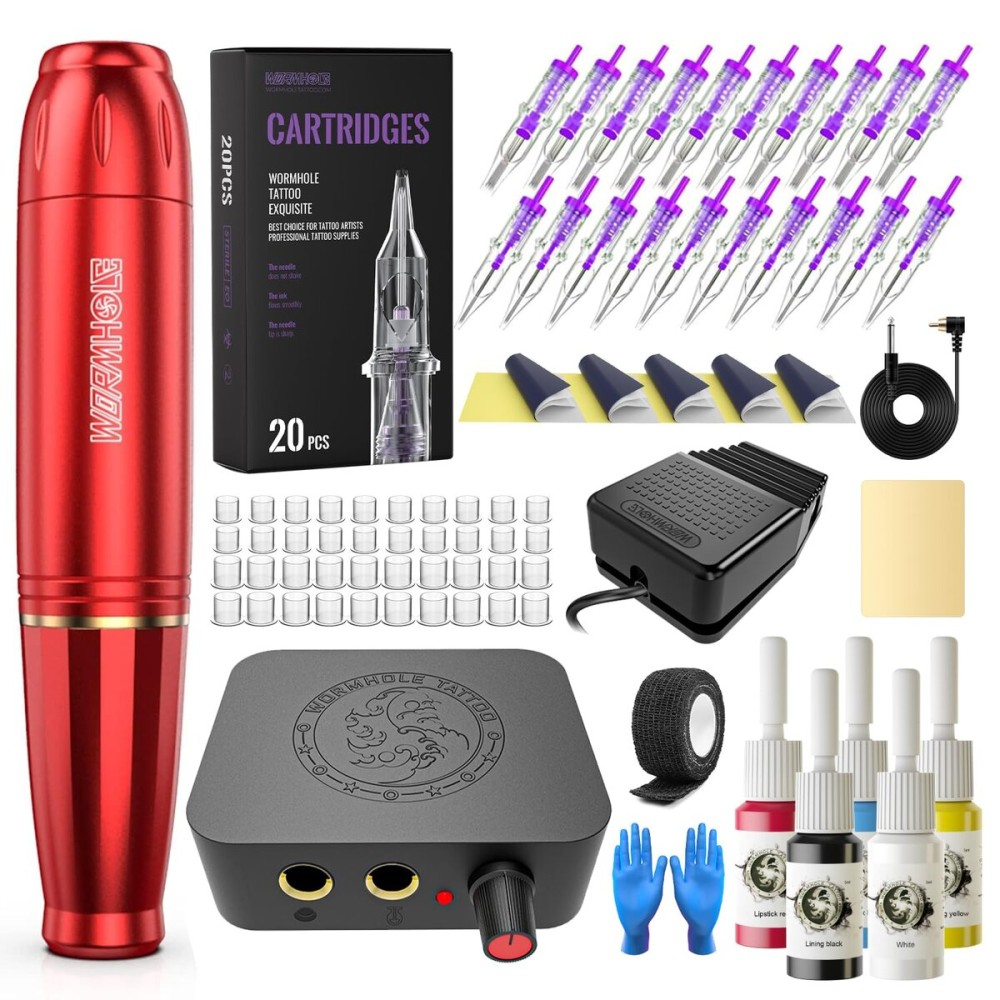 Wormhole Tattoo Kit Tattoo Gun Cartridge Machine Pen for Beginners Rotary Tattoo Machine Kit Professional Complete Tattoo Kit Supplies WTK070-B
