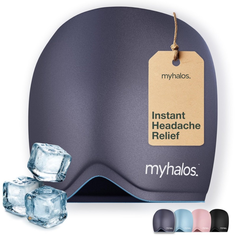 MyHalos Migraine Relief Cap, 30% Thicker, 2X More Cooling Gel - Stays Colder for Longer, Ice Hat, Ice Pack Head Wrap, Cold Headaches & Migraine Mask - Hangover, Tension Headache Relief Cap (Gray)