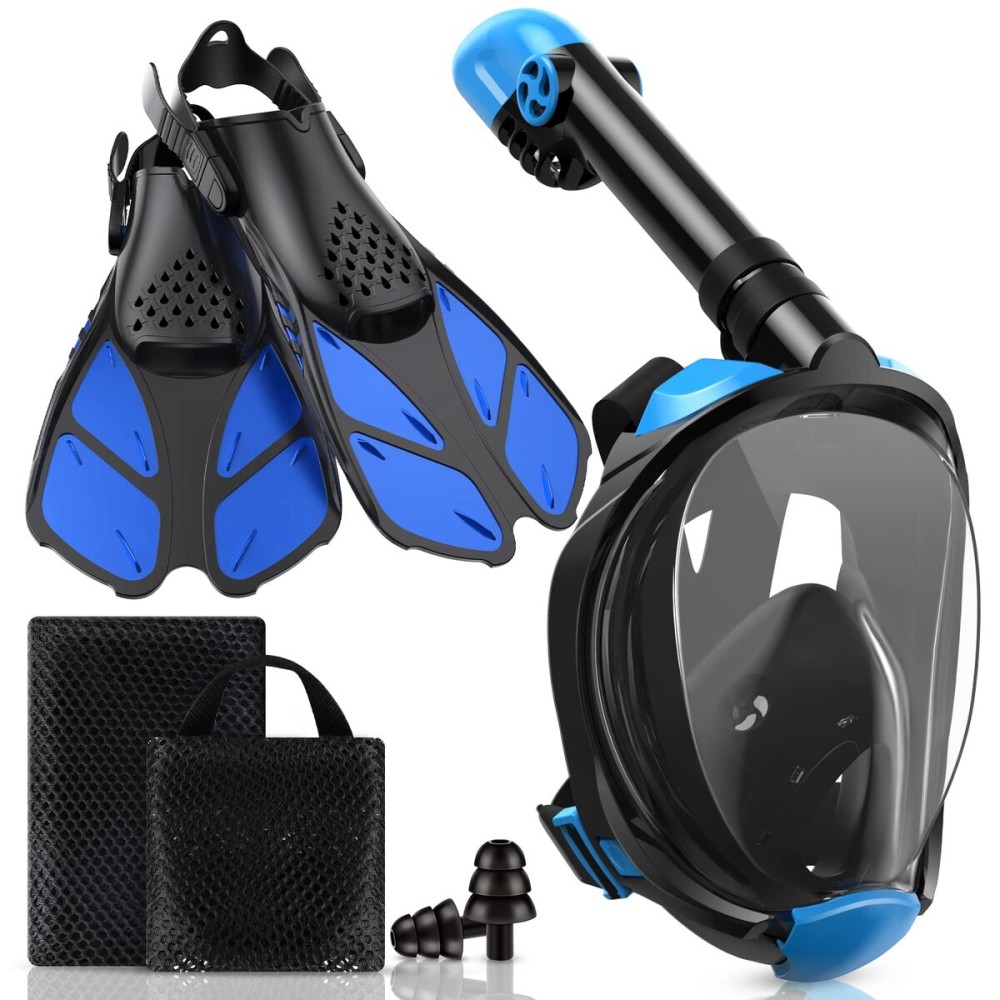 Viginsul Mask Fins Snorkeling Gear for Adults, Full Face Snorkel Mask & Adjustable Swim Fins Snorkel Set, Panoramic View Snorkel Mask Dry Top Anti-Fog Anti-Leak