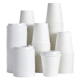 JOLLY PARTY [100 Pack] 10 oz Paper Coffee Cups, Disposable Paper Coffee Cup with Lids, Hot/Cold Beverage Drinking Cup for Water, Juice or Tea, Suitable for Home, Shops and Cafes
