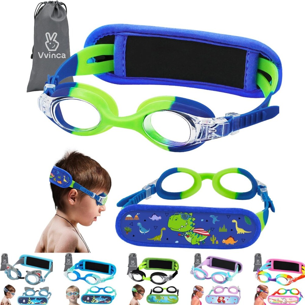Vvinca Kids Swim Goggles with Fabric Strap No Tangle Pain-Free, Anti-Fog Swimming Pool Goggle No Leak for Toddlers Girls Boys