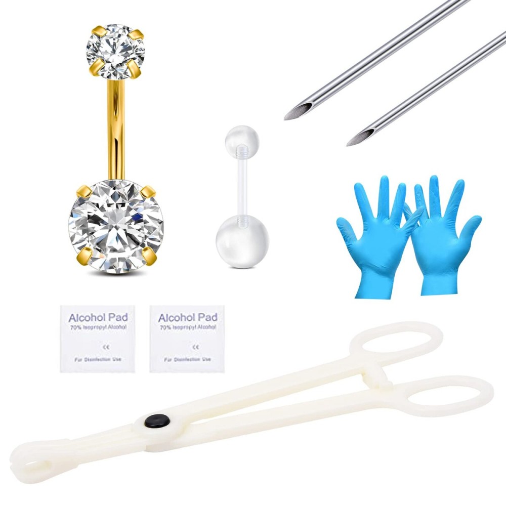 QWALIT Belly Button Piercing Kit - Stainless Steel Gold Navel Piercing Kit