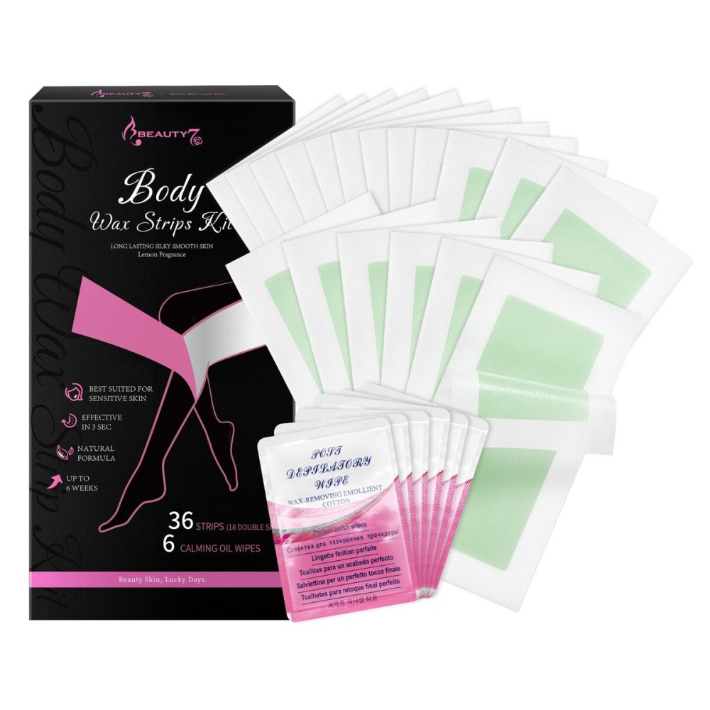 Beauty7 Body Wax Strips Kit, Ready to Use Waxing Strip, Facial Hair Removal, Arms Legs Underarm Bikini Hair Removal, 36 Strips 6 Calming Oil Wipes for All Skin Types