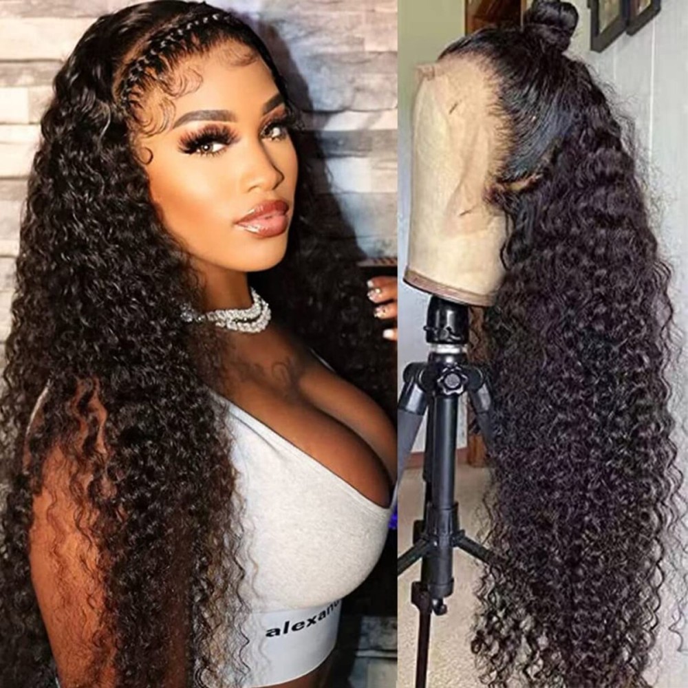 WPPIKK 13x4 Lace Front Wigs Human Hair Pre Plucked Wet and Wavy Human Hair Wigs for Black Women Glueless Brazilian Curly Lace Frontal Wig Natural Color 180 Density (24 Inch)