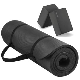 Fitvids All Purpose 1/2-Inch Extra Thick High Density Anti-Tear Exercise Yoga Mat with Carrying Strap and Yoga Blocks, Black