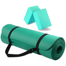 Fitvids All Purpose 1/2-Inch Extra Thick High Density Anti-Tear Exercise Yoga Mat with Carrying Strap and Yoga Blocks, Green