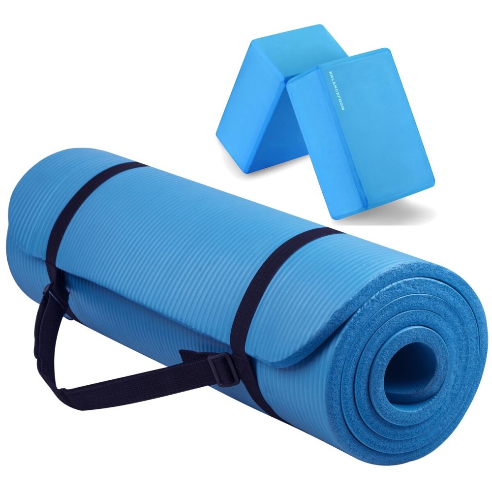 Fitvids All Purpose 1/2-Inch Extra Thick High Density Anti-Tear Exercise Yoga Mat with Carrying Strap and Yoga Blocks, Blue