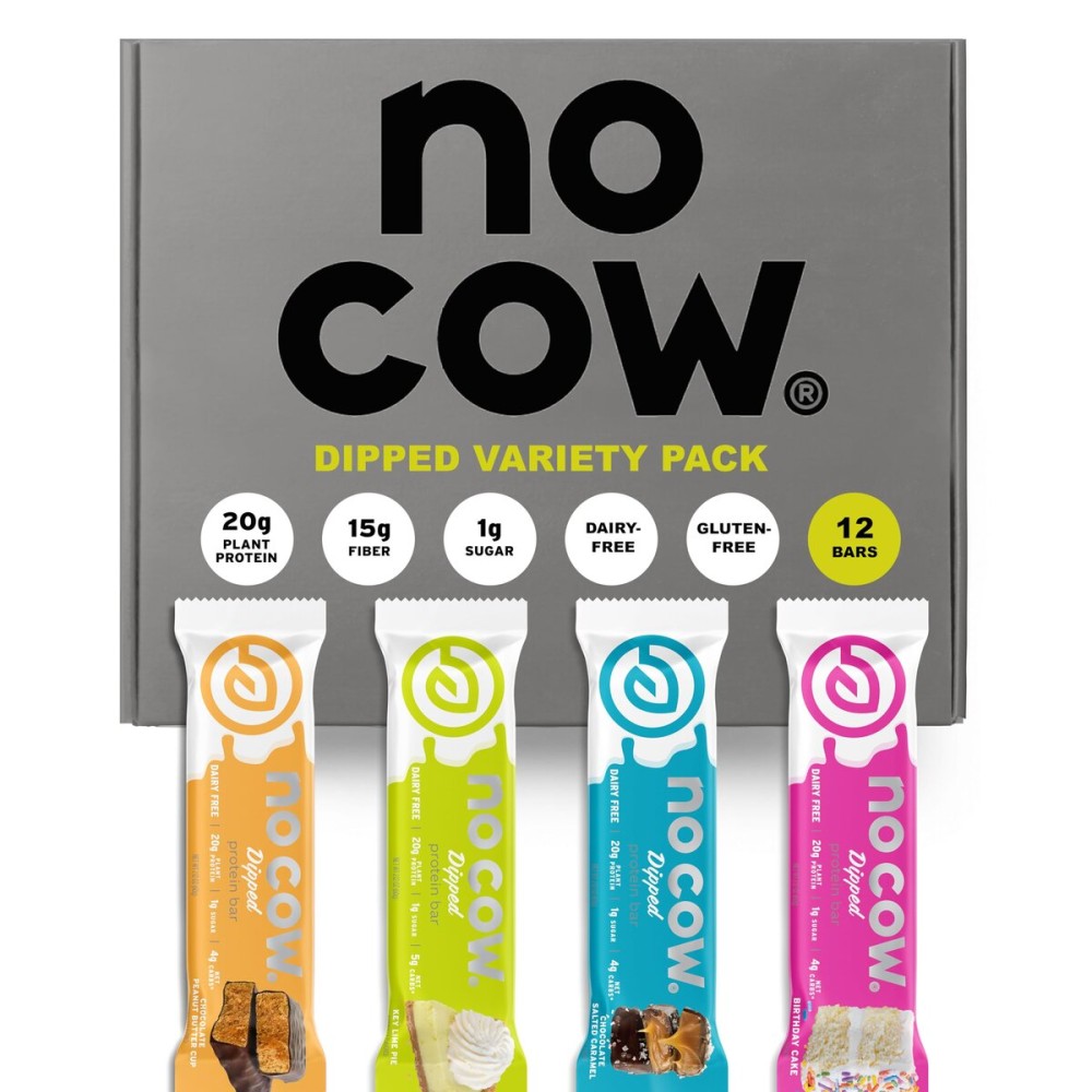 No Cow High Protein Bars, Dipped Variety Pack - Healthy Snack, 20g Vegan Protein, High Fiber, Low Sugar, Keto Friendly, Dairy & Gluten Free (12 Count)