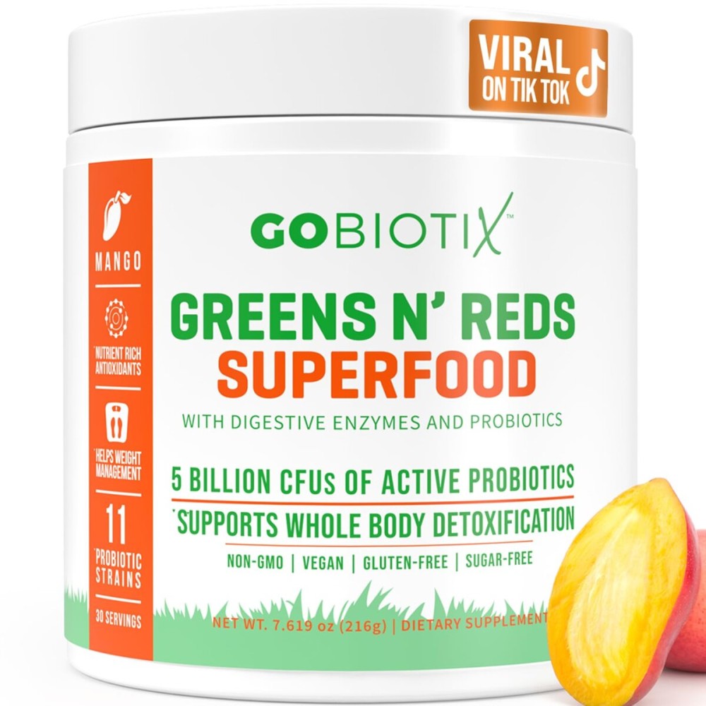 GOBIOTIX Greens Powder - Superfood with Greens and Reds - Probiotic Supplement - Digestive Enzymes and Beet Root Powder - Organic Whole Foods Dietary Supplement (Mango, 1 Pack)