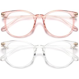 Gaoye 2 Pack Blue Light Blocking Glasses, Retro Round Eyewear Frame Anti Eyestrain Computer Glasses for Women Men - GY1688 (Pink+Transparent)