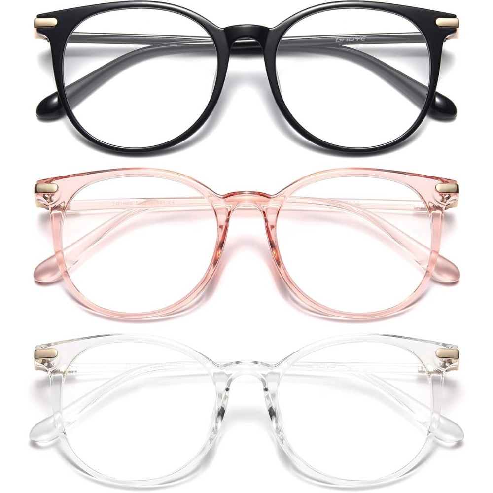 Gaoye 3 Pack Blue Light Blocking Glasses, Retro Round Eyewear Frame Anti Eyestrain Computer Glasses for Women Men - GY1688 (Black+Pink+Transparent)