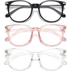 Gaoye 3 Pack Blue Light Blocking Glasses, Retro Round Eyewear Frame Anti Eyestrain Computer Glasses for Women Men - GY1688 (Black+Pink+Transparent)