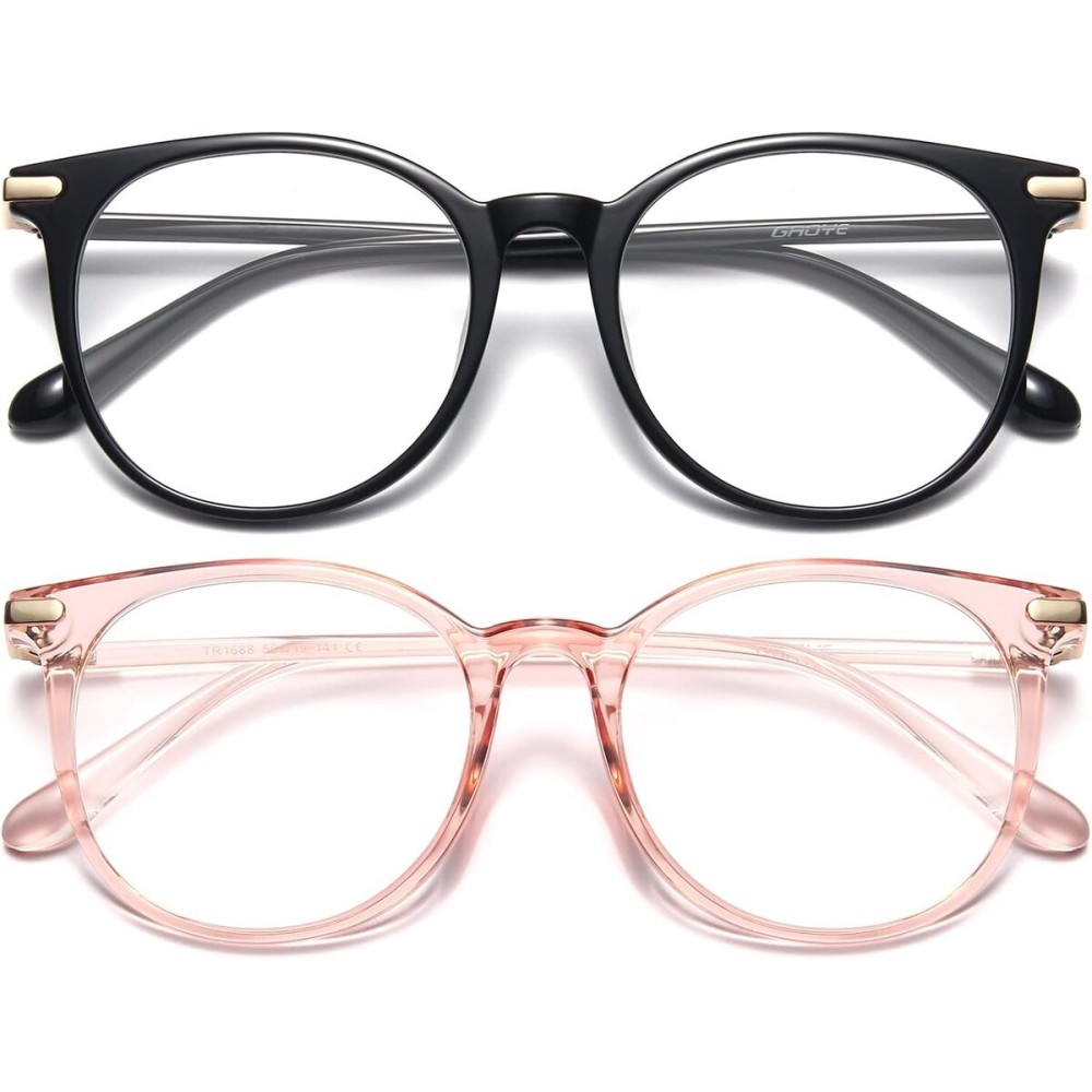 Gaoye 2 Pack Blue Light Blocking Glasses, Retro Round Eyewear Frame Anti Eyestrain Computer Glasses for Women Men - GY1688 (Black+Pink)