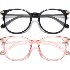 Gaoye 2 Pack Blue Light Blocking Glasses, Retro Round Eyewear Frame Anti Eyestrain Computer Glasses for Women Men - GY1688 (Black+Pink)