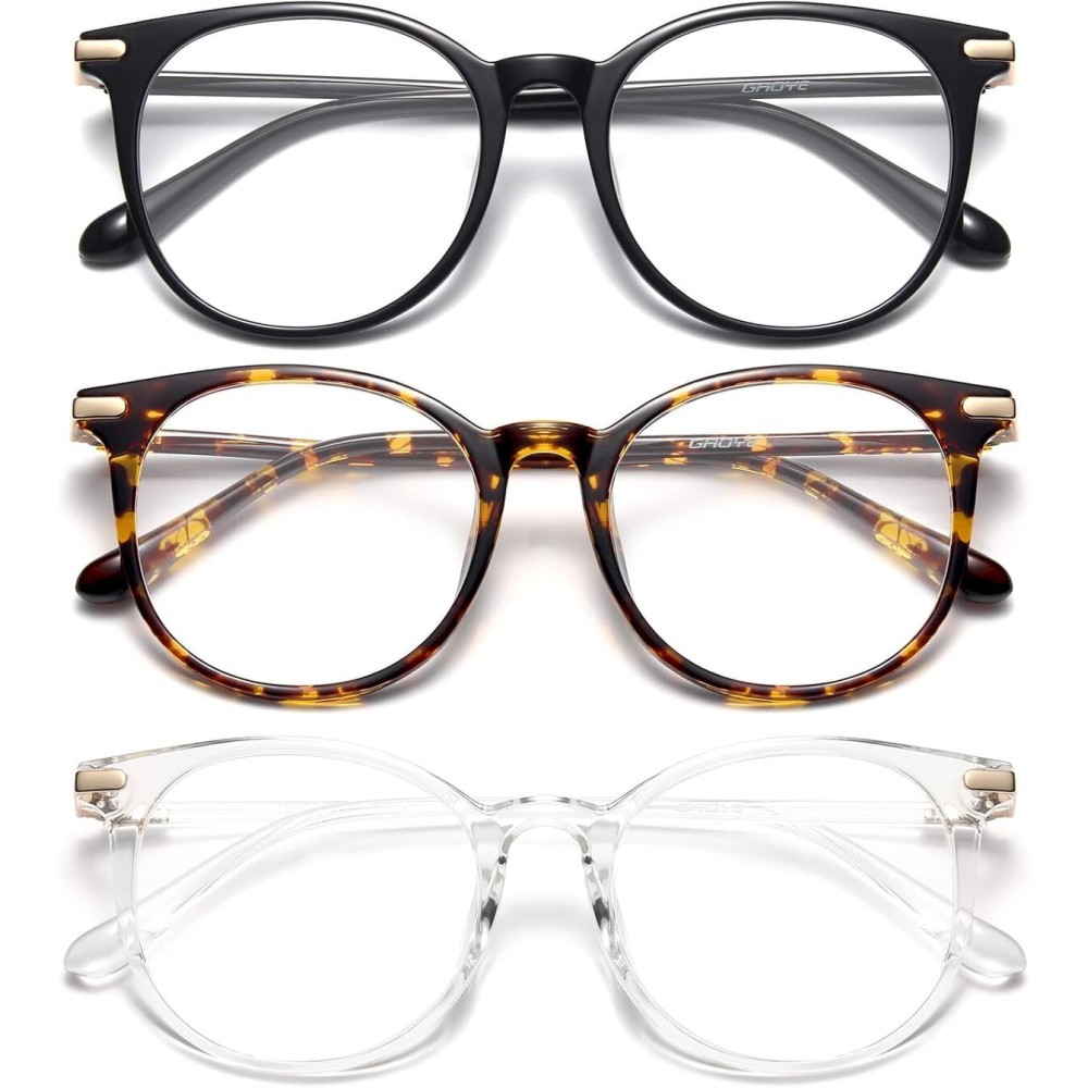 Gaoye 3 Pack Blue Light Blocking Glasses, Retro Round Eyewear Frame Anti Eyestrain Computer Glasses for Women Men - GY1688 (Black+Tea Leopard+Transparent)