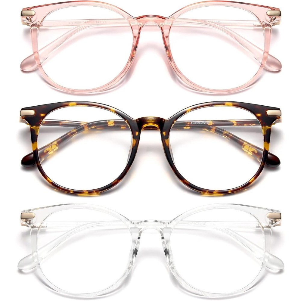 Gaoye 3 Pack Blue Light Blocking Glasses, Retro Round Eyewear Frame Anti Eyestrain Computer Glasses for Women Men - GY1688 (Pink+Tea Leopard+Transparent)