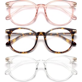 Gaoye 3 Pack Blue Light Blocking Glasses, Retro Round Eyewear Frame Anti Eyestrain Computer Glasses for Women Men - GY1688 (Pink+Tea Leopard+Transparent)
