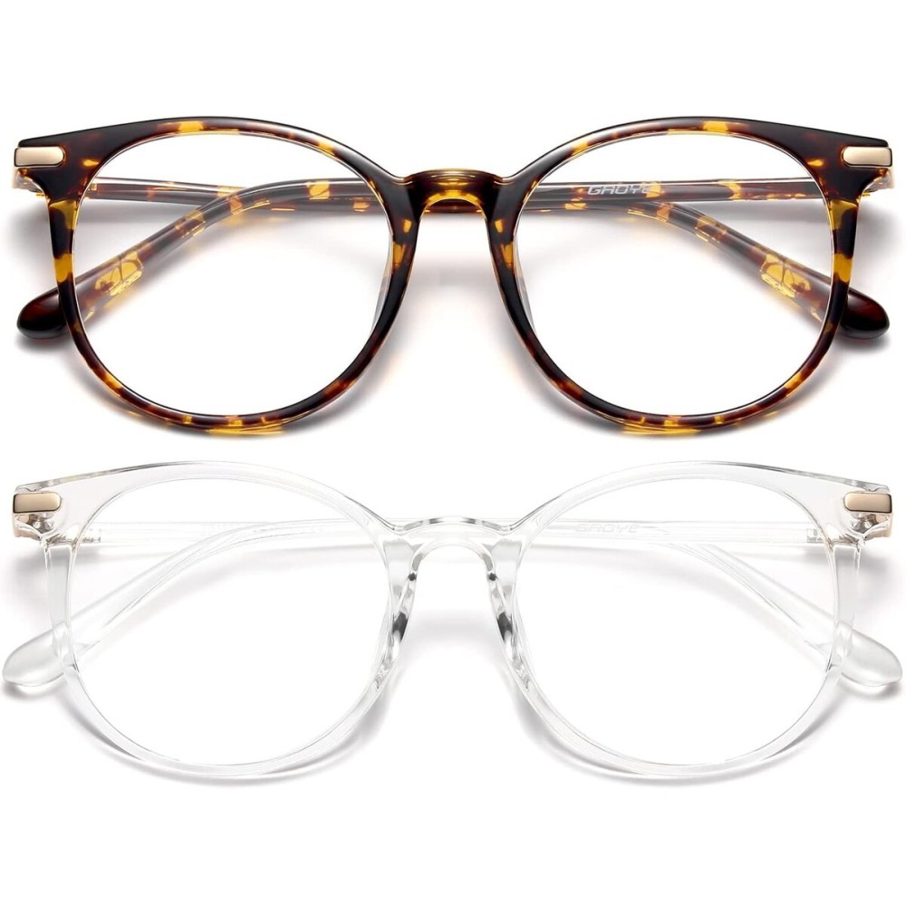 Gaoye 2 Pack Blue Light Blocking Glasses, Retro Round Eyewear Frame Anti Eyestrain Computer Glasses for Women Men - GY1688 (Tea Leopard+Transparent)