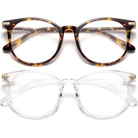 Gaoye 2 Pack Blue Light Blocking Glasses, Retro Round Eyewear Frame Anti Eyestrain Computer Glasses for Women Men - GY1688 (Tea Leopard+Transparent)