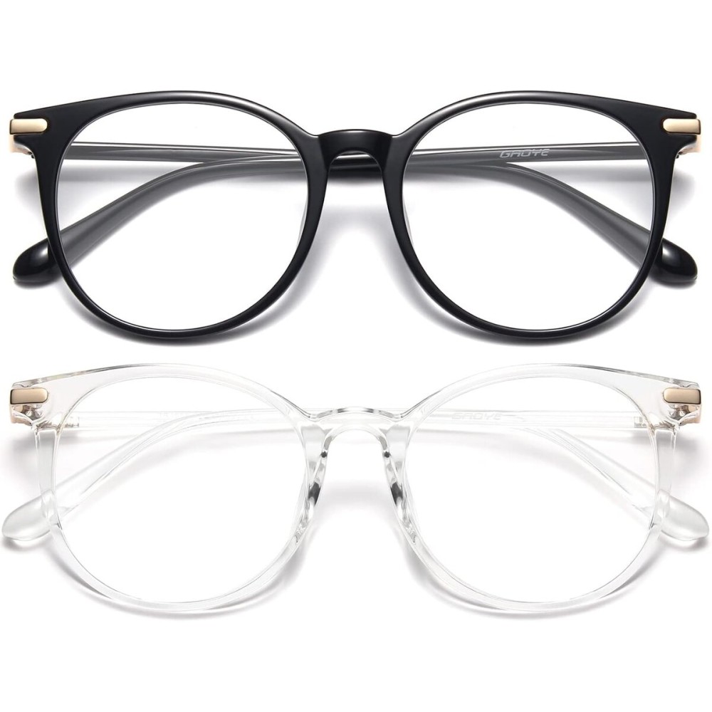Gaoye 2 Pack Blue Light Blocking Glasses, Retro Round Eyewear Frame Anti Eyestrain Computer Glasses for Women Men - GY1688 (Black+Transparent)