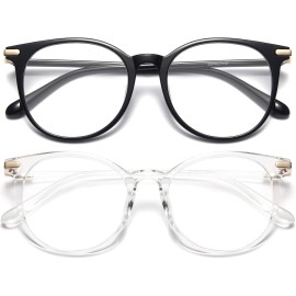 Gaoye 2 Pack Blue Light Blocking Glasses, Retro Round Eyewear Frame Anti Eyestrain Computer Glasses for Women Men - GY1688 (Black+Transparent)
