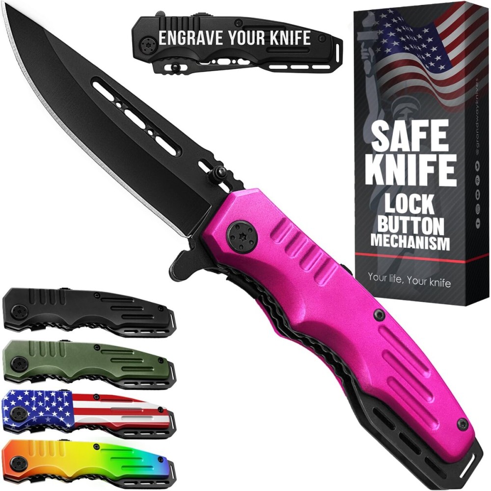 Safety Lock Pocket Knife for Women - Spring Assisted Knife Cute Knives - Self Defense Tool Accessory, Hot Pink Folding Sharp Blade - Food Processing Knives Gifts for Wife Girlfriend Girl Mother 6681 P