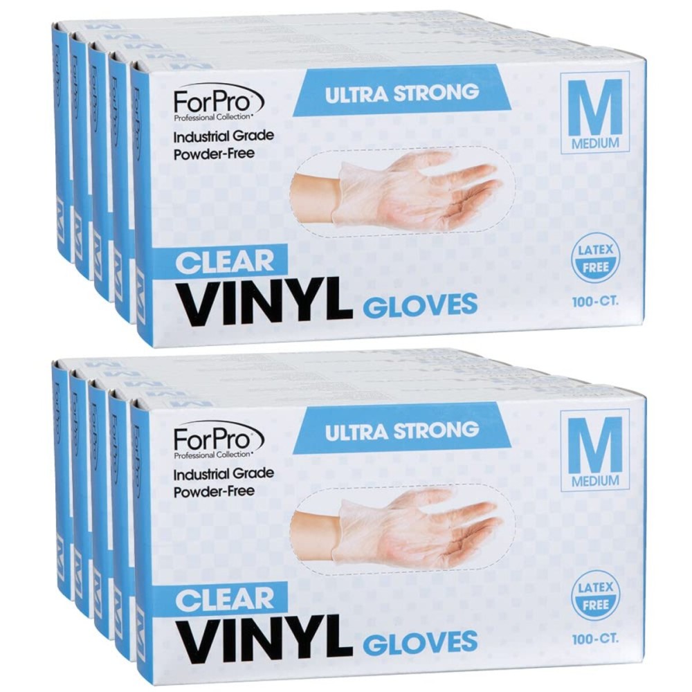 ForPro Disposable Vinyl Gloves, Clear, Industrial Grade, Powder-Free, Latex-Free, Non-Sterile, Food Safe, 2.75 Mil. Palm, 3.9 Mil. Fingers, Medium, 100-Count (Pack of 10)