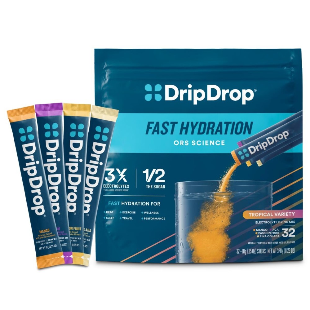 DripDrop Hydration Packets - Tropical Variety Pack - Single Serve Electrolytes Powder Drink Mix - Mango, Aa, Passion Fruit, Pia Colada - Non-GMO, Gluten Free, Vegan - 32 Sticks