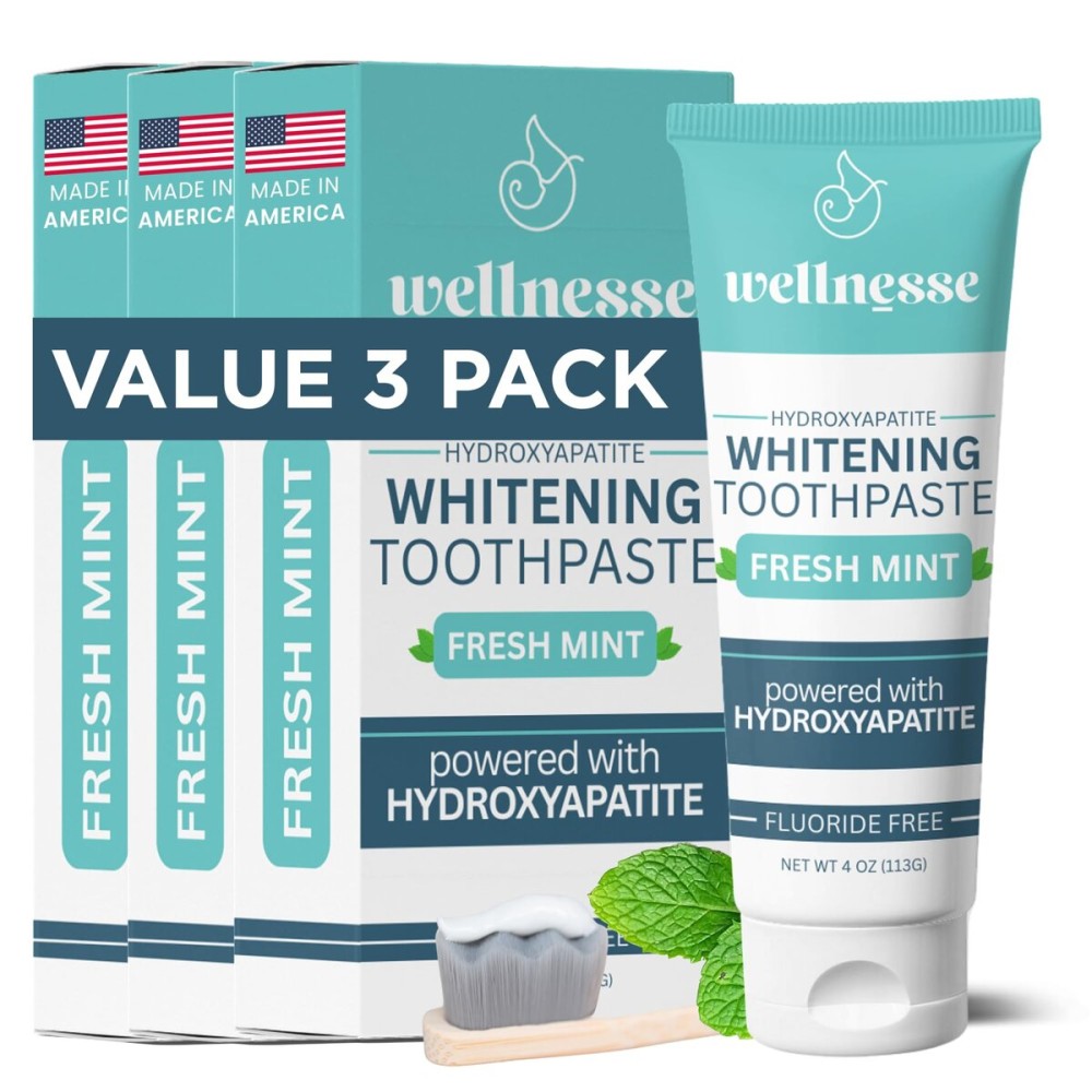 Wellnesse Whitening Hydroxyapatite Toothpaste with Xylitol, Natural Fluoride-Free Teeth Whitening Toothpaste for Adults, Strengthens Enamel, Supports Gum Health, Fresh Mint Flavor, 4 oz (Pack of 3)