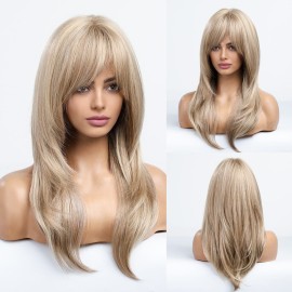 HAIRCUBE Light Blonde Wigs for Women Charming Highlight Blonde Wigs with Bangs Heat Resistant Synthetic Wig