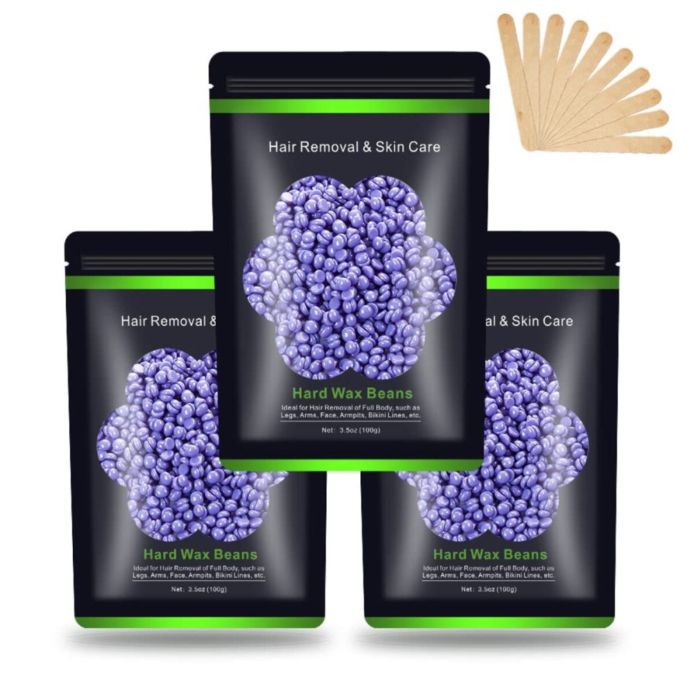 Wax Beads for Hair Removal 10.5oz (300g), Auperwel Hard Wax Beads Beans for Sensitive Skin Brazilian Waxing, Face, Bikini, Eyebrow, Legs, Painless for Women Men, 3 packs Kit with 10 Sticks