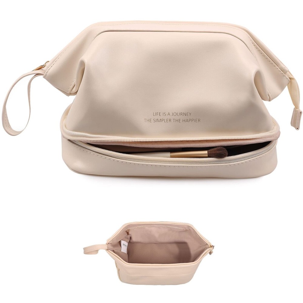 Abiudeng Large Makeup Bag for Women,Travel Makeup Organizer with Brush Holder, Dopp Kit Essentials,Waterproof PU Cosmetic Bag for Traveling,Multi Compartment, Cute,Spacious Capacity-white