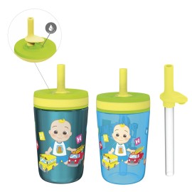 Zak Designs CoComelon Kelso Tumbler Set, Leak-Proof Screw-On Lid with Straw, Bundle for Kids Includes Plastic and Stainless Steel Cups with Bonus Sipper (3pc Set, Non-BPA)