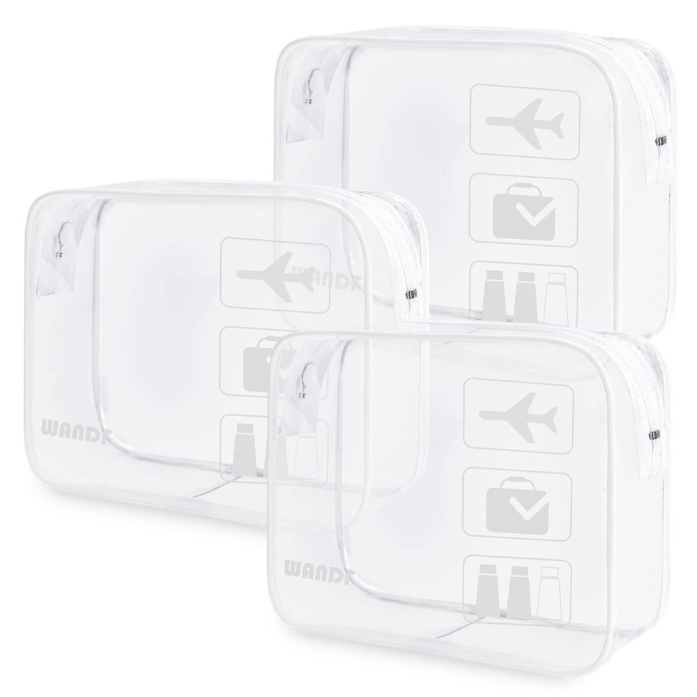 WANDF TSA Approved Toiletry Bag, 2 Packs Travel Clear Toiletry Bag, Quart Size Makeup Cosmetic Pouch with Zipper, Carry-On Airport Compliant Bag for Women and Men (3pcs White)