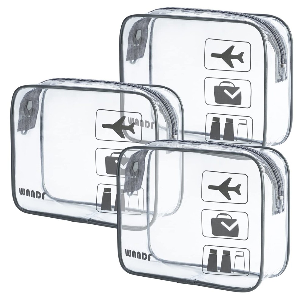 WANDF TSA Approved Toiletry Bag, 2 Packs Travel Clear Toiletry Bag, Quart Size Makeup Cosmetic Pouch with Zipper, Carry-On Airport Compliant Bag for Women and Men (3pcs Grey)