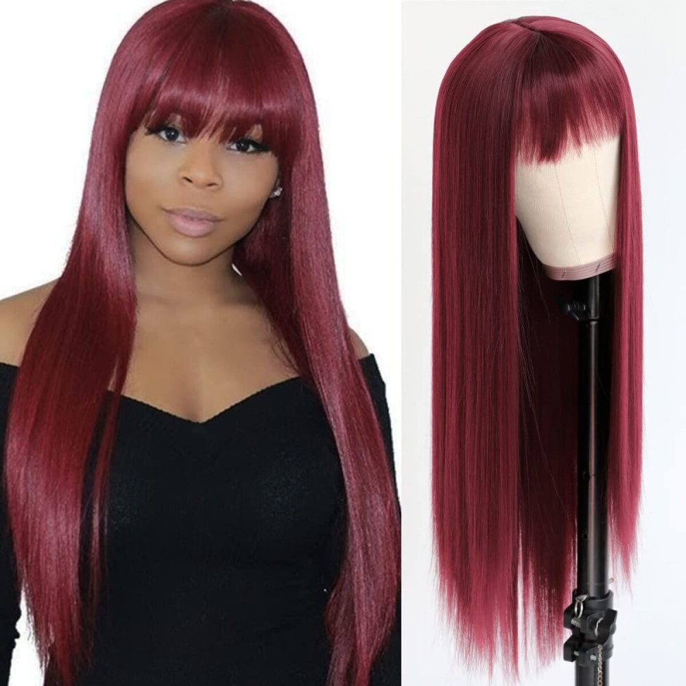 QD-Tizer Burgundy Red Wig Long Straight Synthetic Hair Wigs with Bangs Heat Resistant Synthetic No Lace Wigs for Fashion Women 24 inch