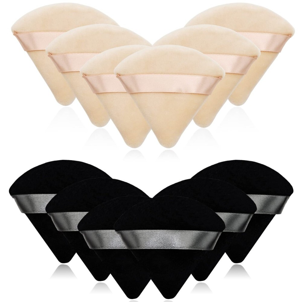 12 Pieces Cosmetic Powder Puff,2.76 inch Portable Soft Sponge Setting Face Puffs,Triangle Velvet Powder Puff with Ribbon Band Handle for Loose Powder Body Powder Makeup Tool(Black,Nude)