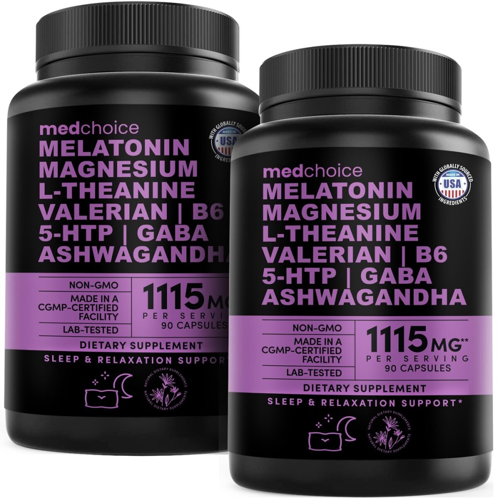 12-in-1 Melatonin Sleep Capsules - Natural Sleep Aids for Adults with Melatonin 5mg and Magnesium Glycinate 500mg, Sleep Aid with Ashwagandha, L Theanine, Valerian Root, GABA, 5-HTP (90ct, Pack of 2)