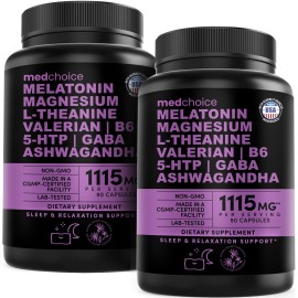 12-in-1 Melatonin Sleep Capsules - Natural Sleep Aids for Adults with Melatonin 5mg and Magnesium Glycinate 500mg, Sleep Aid with Ashwagandha, L Theanine, Valerian Root, GABA, 5-HTP (90ct, Pack of 2)