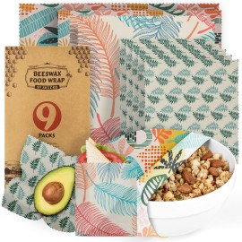 Akeeko Reusable Beeswax Food Wraps - Assorted 9 Packs, Reusable, Plastic-Free Food Storage, 5 Small, 2 Medium, 1 Large Wraps, 1 Extra Large with Tropical Leave Pattern