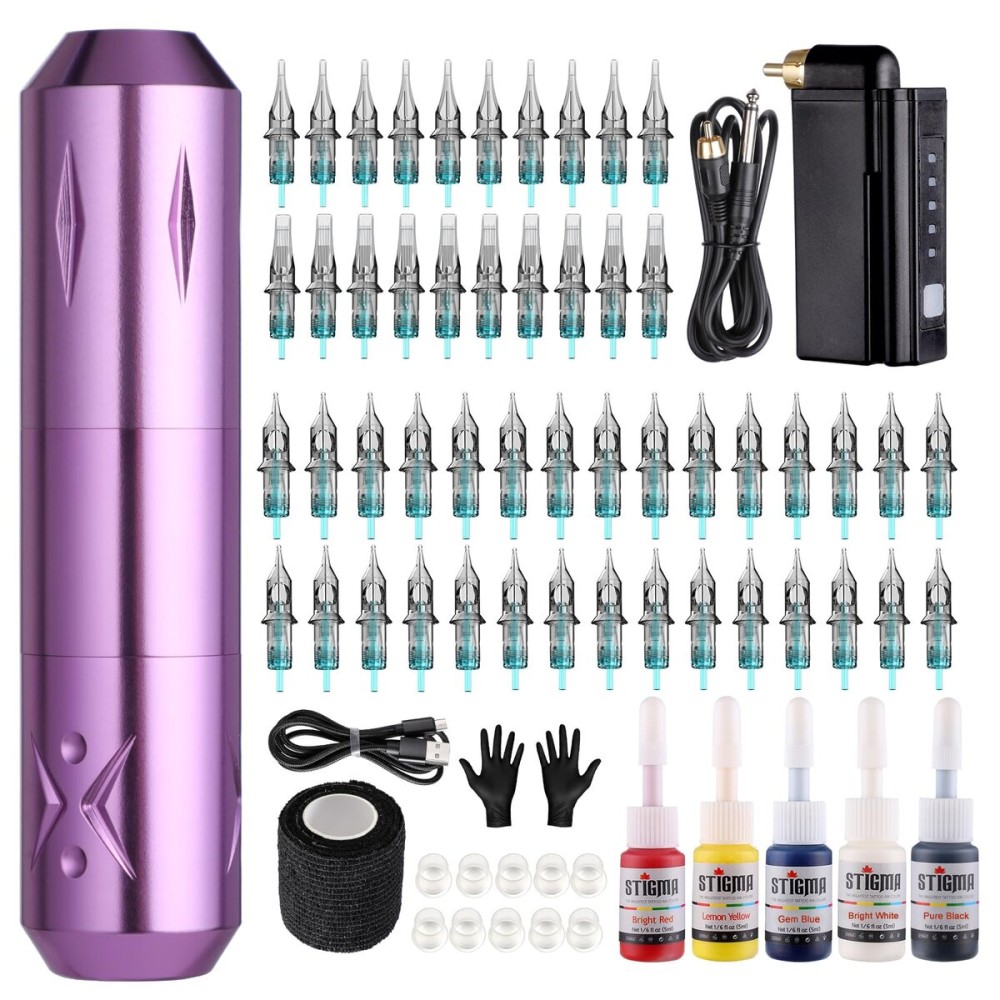 STIGMA Wireless Tattoo Gun Tattoo Kit Complete with 50pcs Tattoo Cartridge Needles 1500mAh Tattoo Battery 5 Colors Ink Set with Accessories STP29KITP199-4
