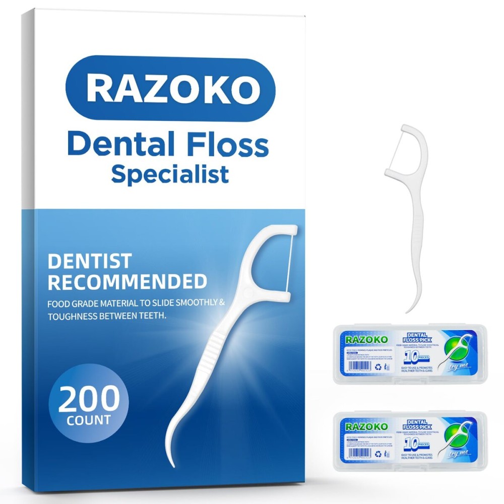 RAZOKO Dental Floss Picks High Toughness Toothpicks Sticks 200pcs with 2 Portable Cases Perfect for Family,Hotel,Travel