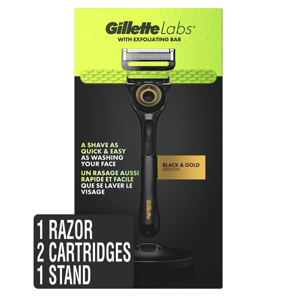 Gillette Labs Men\'s Razor with Exfoliating Bar, Shaving Kit Includes 1 Handle, 2 Blade Refills, 1 Premium Magnetic Stand, Black and Gold