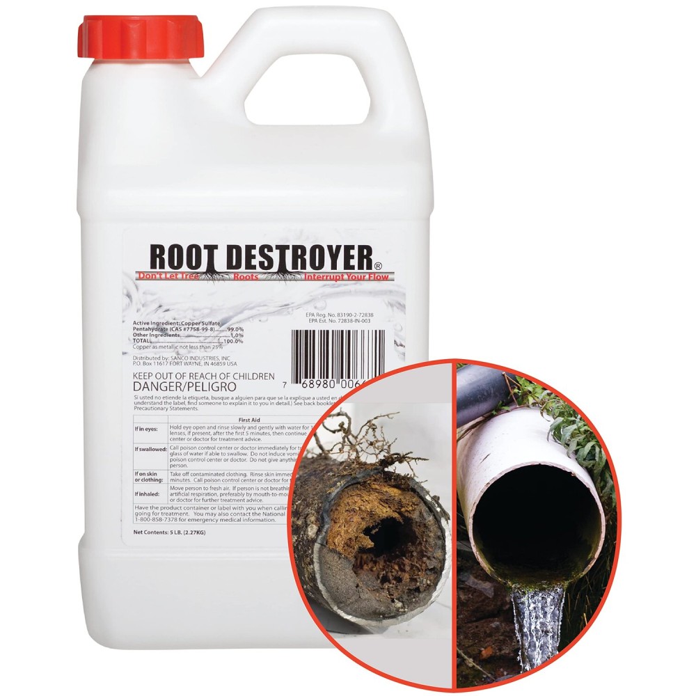 Root Destroyer - 5lbs - Root Killer for Sewer, Pipe & Drain Lines, Septic Tanks and Septic Systems - Stops New Growth & Safe for All Plumbing - Pure Copper Sulfate Crystals